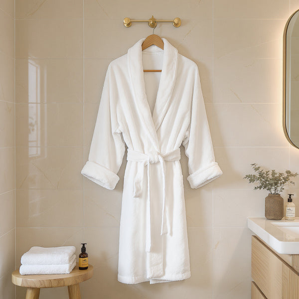 White bathrobe hanging on a hook in a bathroom